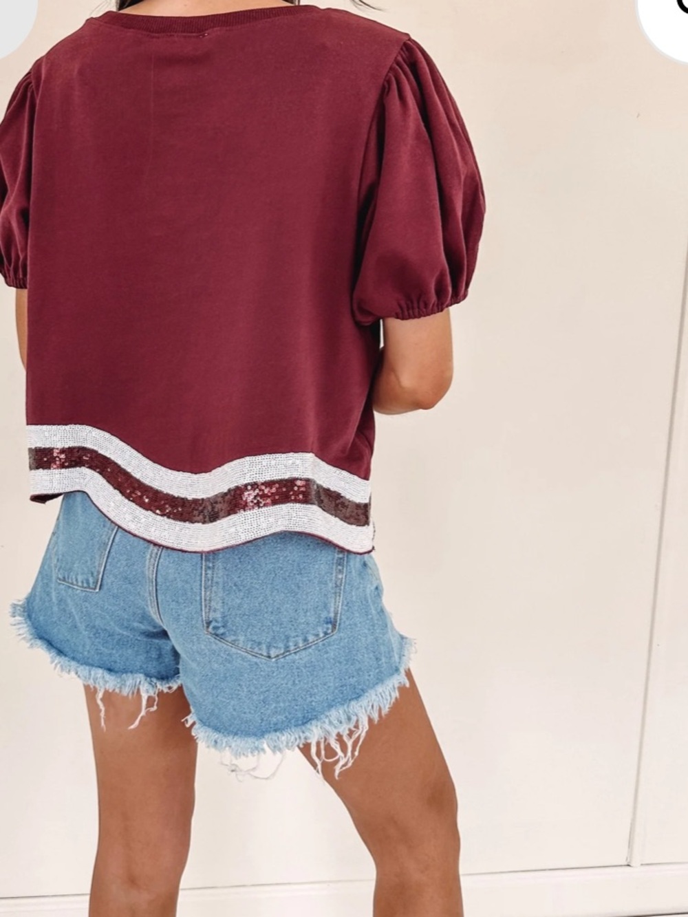 Peach Love California Maroon Puff-Sleeve Sequin Football Tee - Picture 10 of 11